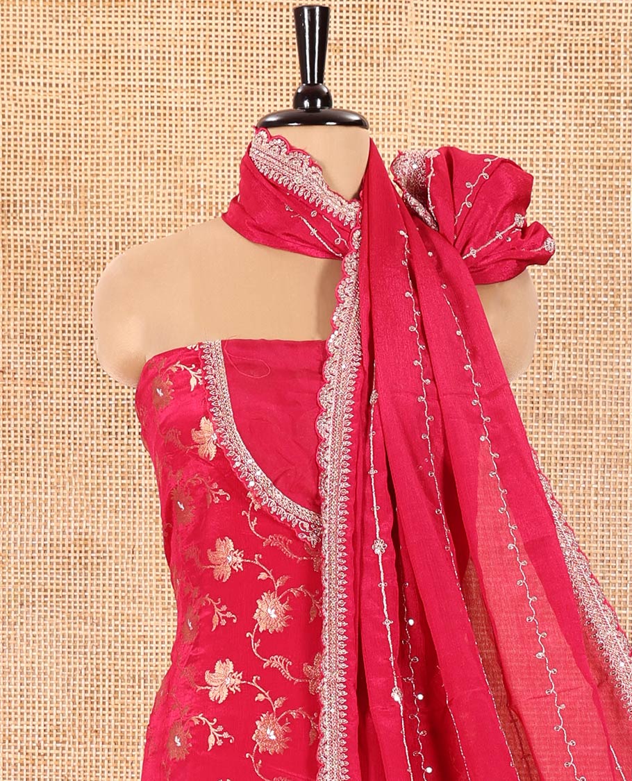 Tomato Pink Chudidar Set Prettified with Floral Jaal Jacquard Design Viscose Chinon Unstitched Top, Readymade Free Size Sharara Pants, and a Chinon Embroidered Scallop-Bordered Dupatta