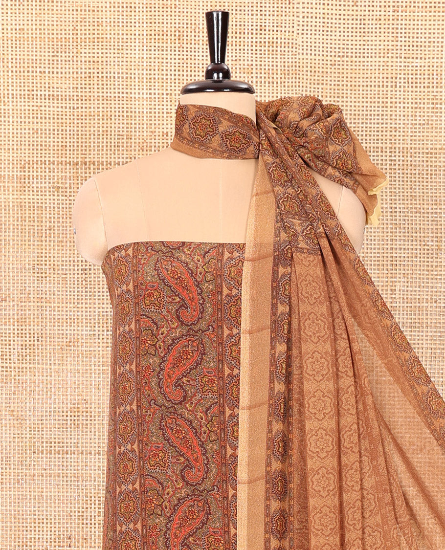 Light Mustard Material Chudidar Set Intricately Printed with Paisley Motifs on the Italian Crepe Top, Subtly Negative Printed Bottom, and Italian Crepe Dupatta of the Same Paisley Prints
