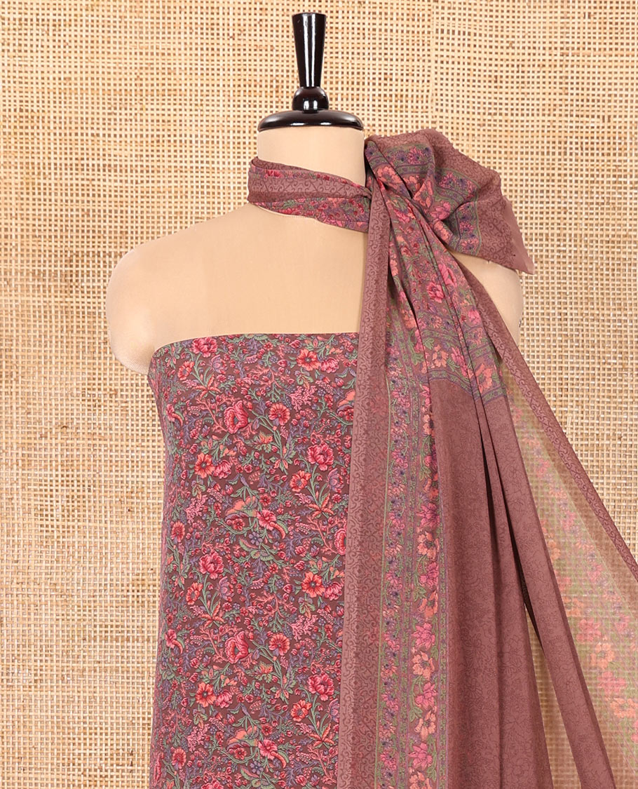 Tomato Material Chudidar Set, Adorned with Floral Print on Its Italian Crepe Top, Italian Crepe Bottom, and Georgette Dupatta of Floral Print