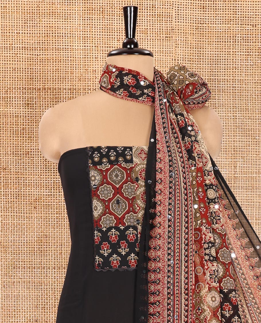 Black Material Chudidhar Set, Accentuated with Ajrakh-Style Print and Mirror Work Fox Georgette Top, Santoon Plain Bottom, and Georgette Dupatta of Ajrakh Print and Mirror Work