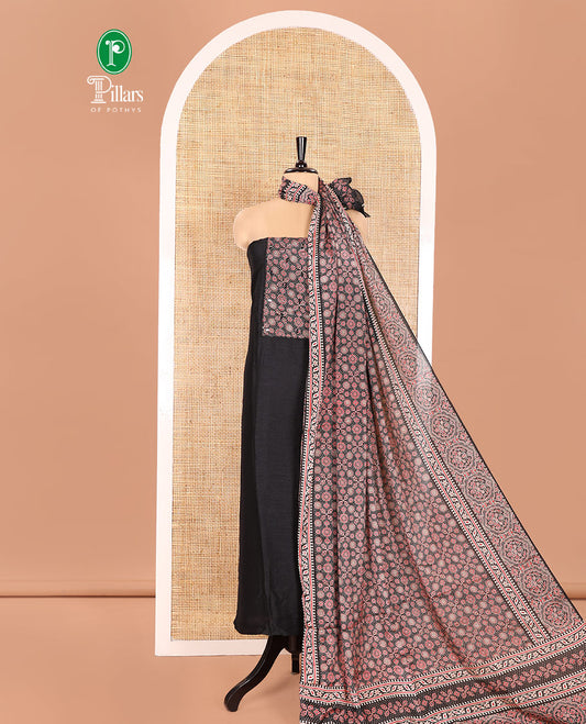 Black Material Chudidhar Set, Embellished with Ajrakh Patch Work and Mirror Work, Vichitra Silk Top, Plain Santoon Bottom, and Chinon Silk Dupatta Featuring Intricate Ajrakh Prints
