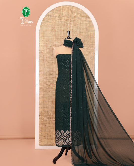 Green Material Churidar Set, Swarovski Stone Work Fox Georgette Top, Comes with a Plain Santoon Bottom, and a Scallop Swarovski Stone Work Fox Georgette Dupatta