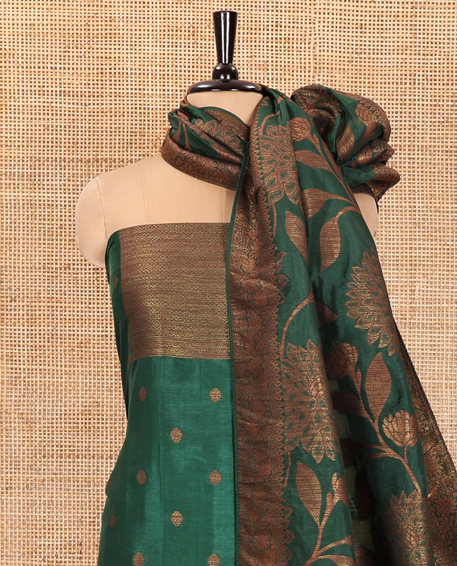 Green Material Churidar Set, Adorned with Zari Buttas Woven on Its Semi-Silk Top, Comes with a Plain Santoon Bottom, and a Semi-Silk Floral Jaal Zari Jacquard Dupatta