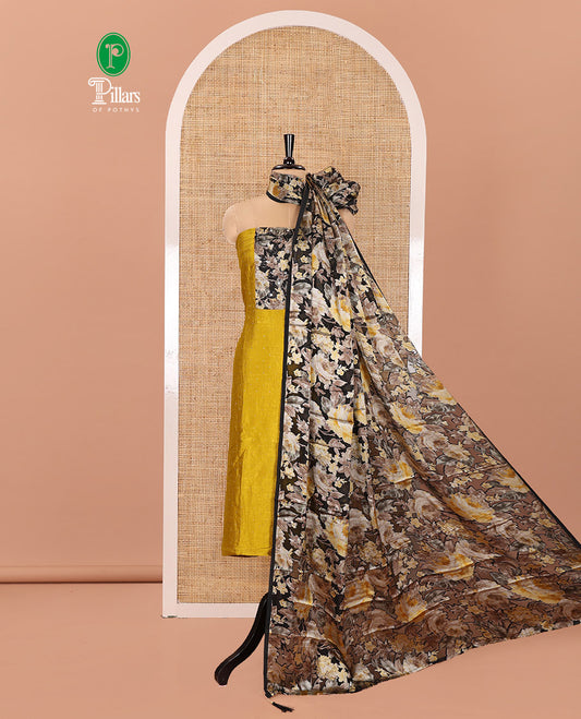 Mustard Material Churidar Set, Delicately Designed with Stone Work and Floral Patch Neck Work on Vichitra Silk Top, Comes with a Plain Santoon Bottom, and Is Paired with a Contrast Floral Printed Dupatta