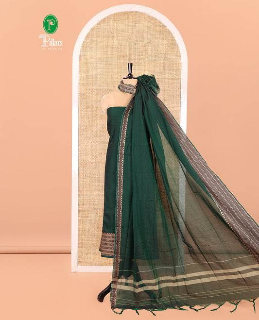 Green Mercerised Cotton Material Churidar Set, Subtly Made Plain with Traditional Bordered Top, a Mercerised Cotton Bottom, and Paired with a Mercerised Cotton Traditional Bordered Dupatta