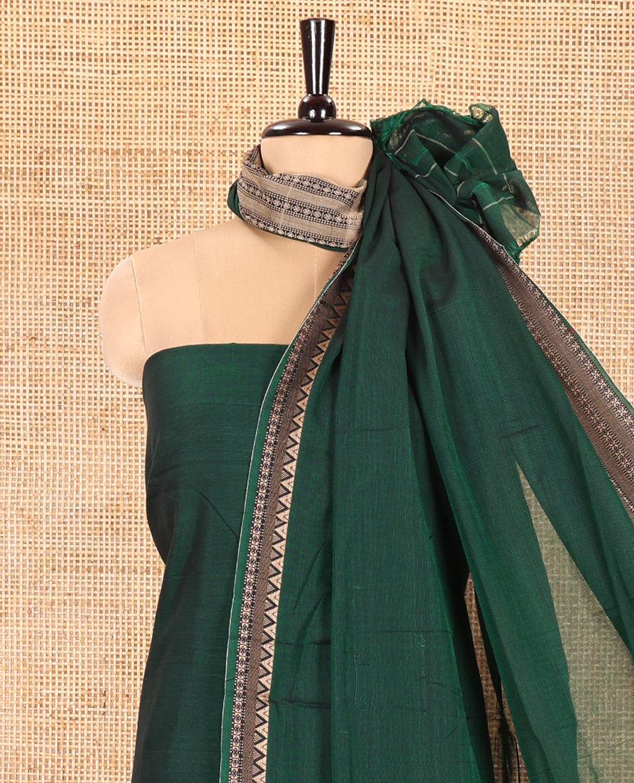 Green Mercerised Cotton Material Churidar Set, Subtly Made Plain with Traditional Bordered Top, a Mercerised Cotton Bottom, and Paired with a Mercerised Cotton Traditional Bordered Dupatta