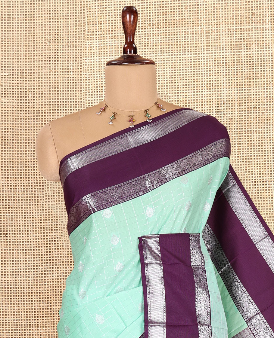 Apple Green-Dark Purple Zari Checked Budget Silk Saree, Contrast Traditional Border, Intricate Pallu, and Contrast Blouse