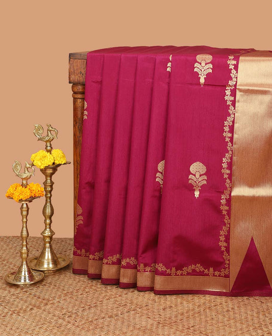 Jamun pink banaras style mango butta dola raw silk saree with bavanji border & bavanji temple style pallu along with geometrical design blouse