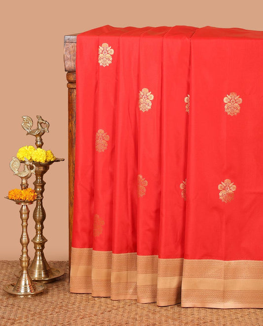 Red zari buttas semi-soft silk saree, contrast rettai pettu traditional zari border & grand ogee patterned pallu