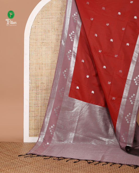 Red floral zari buttas semi-soft silk saree, contrast traditional motif zari border & pallu of paisleys & checks