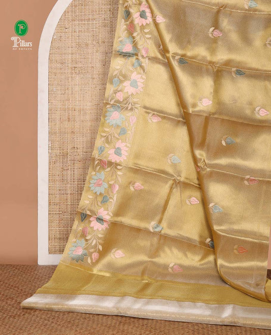 Gold floral embroidery celebrity tissue saree, contrast pastel multi-color floral creeper embroidery border & contrast blouse