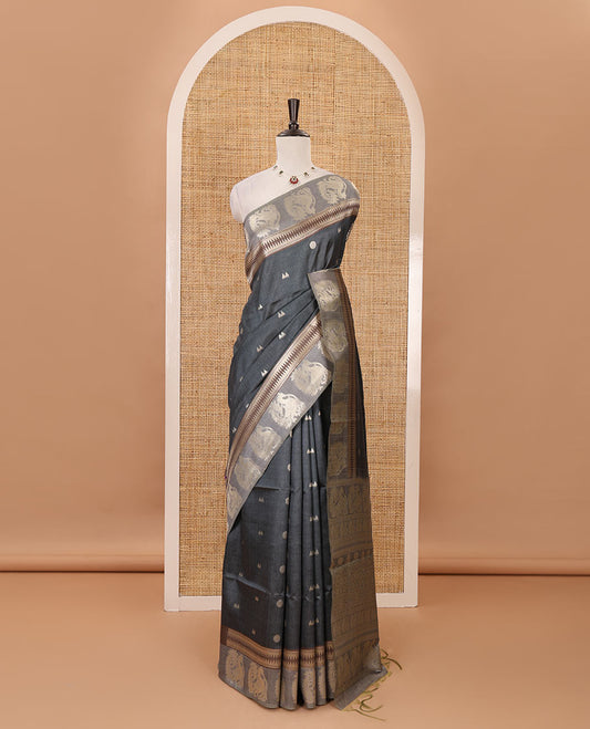 Forest green temple & rudraksham motifs fancy tussar saree, contrast traditional zari peacocks border, pallu of peacock & mughal floral design, & contrast zari blouse
