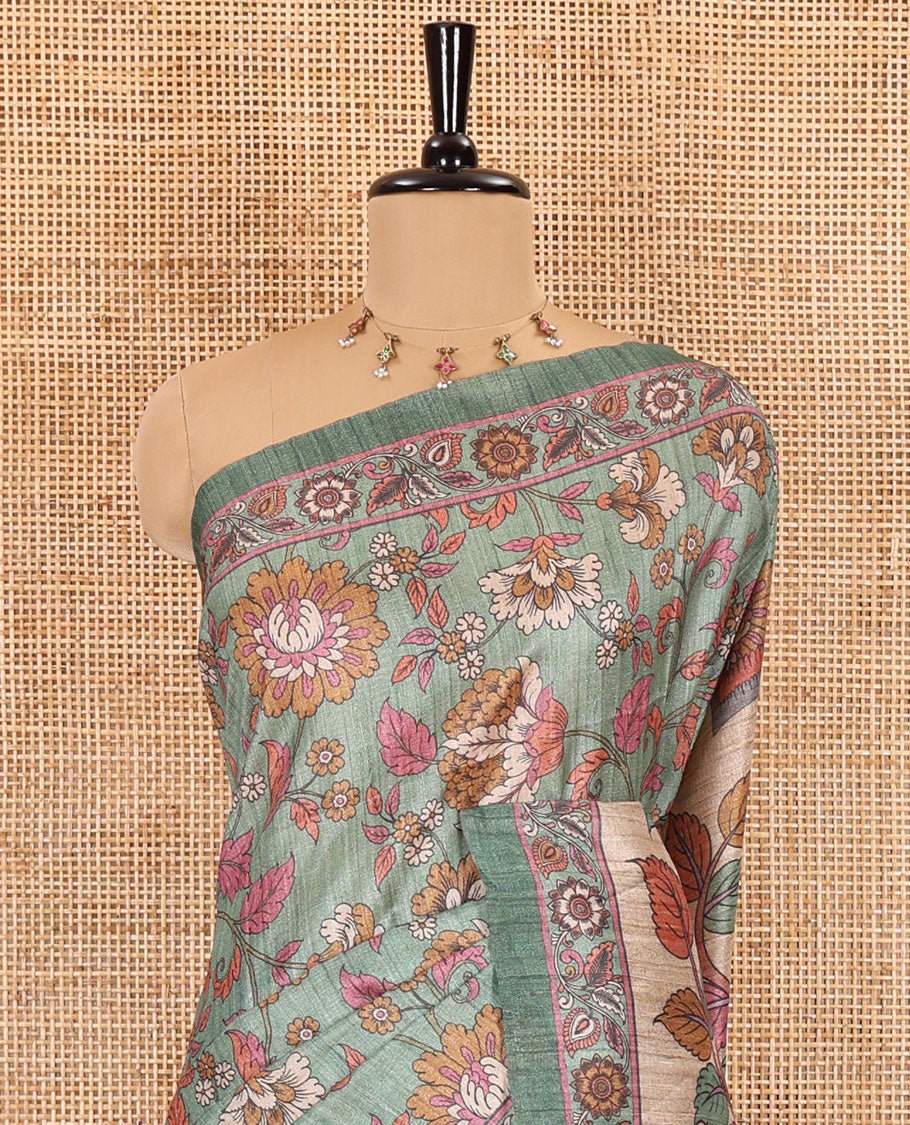 Green kalamkari floral vine printed fancy tussar saree, floral printed border, Tree of life printed pallu, and a matching blouse