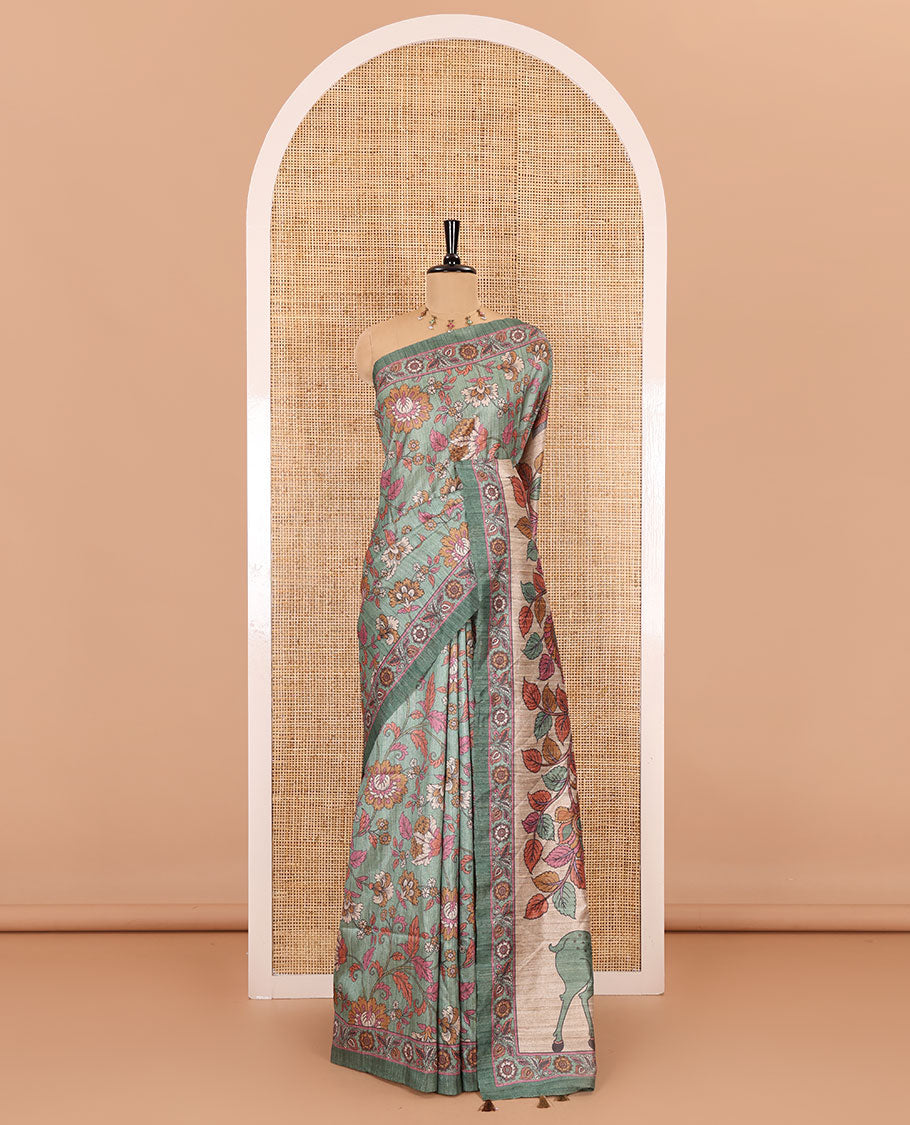 Green kalamkari floral vine printed fancy tussar saree, floral printed border, Tree of life printed pallu, and a matching blouse