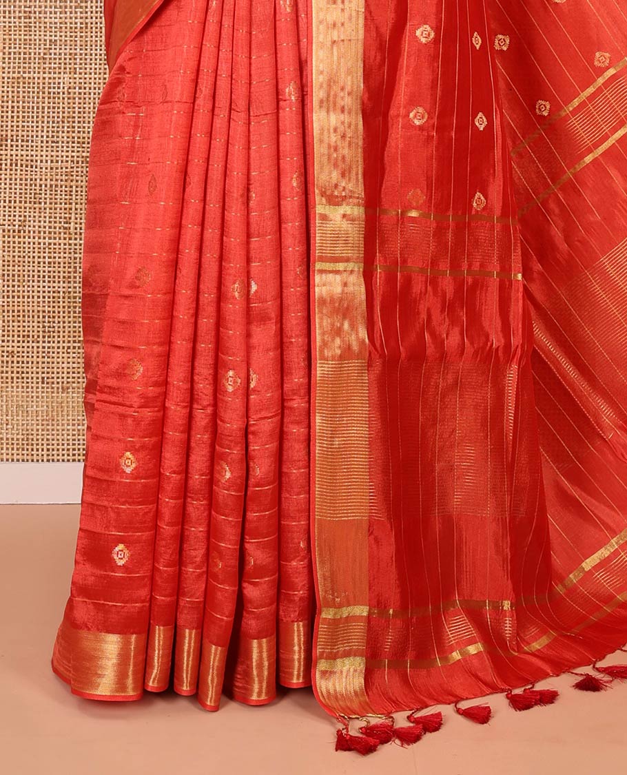 Red zari buttas and striped banana pith saree, bavanji border, zari striped pallu, and a matching blouse