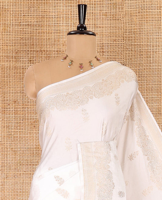 White floral buttas mushru silk saree, traditional zari border, jaal pallu, and a matching blouse