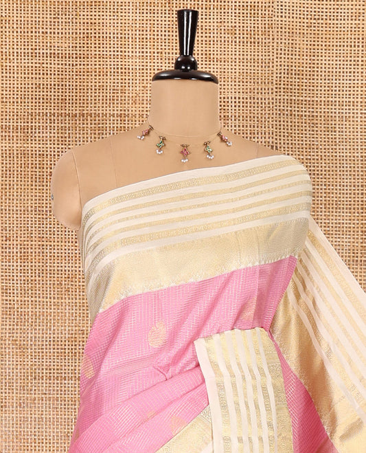 Pink zari checked and zari buttas silk saree, contrast varisai pettu border of jaal, muthu, neli, and rudraksham motifs