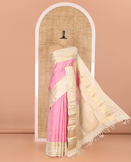 Pink zari checked and zari buttas silk saree, contrast varisai pettu border of jaal, muthu, neli, and rudraksham motifs