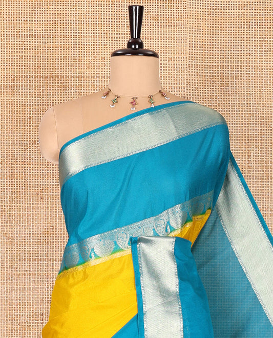 Mustard plain fancy Mysore silk saree, contrast rettai-pettu traditional zari border of peacock and paisleys, zari striped pallu, and a contrast zari design blouse