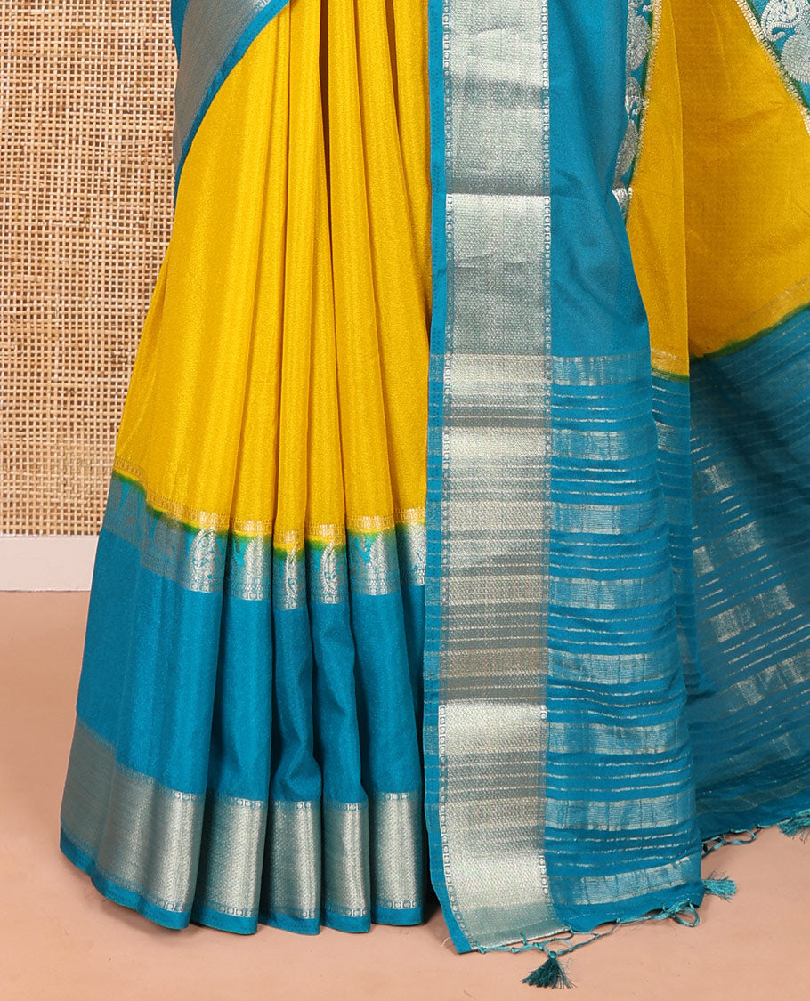 Mustard plain fancy Mysore silk saree, contrast rettai-pettu traditional zari border of peacock and paisleys, zari striped pallu, and a contrast zari design blouse