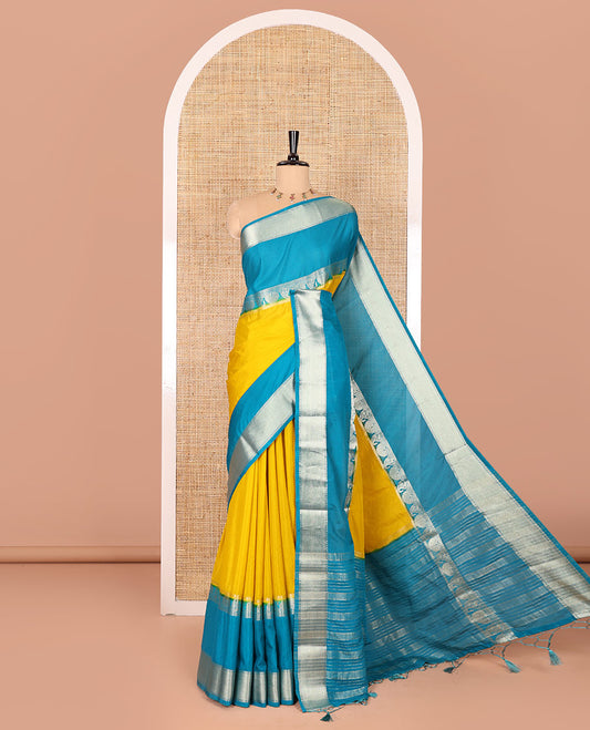 Mustard plain fancy Mysore silk saree, contrast rettai-pettu traditional zari border of peacock and paisleys, zari striped pallu, and a contrast zari design blouse