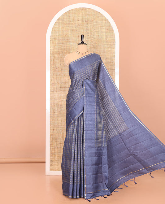 Grey zari checked fancy tussar silk saree, zari striped border, plain pallu, and a matching blouse
