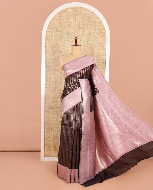 Coffee Brown and Pink Litchi Saree Elevated with Zari Polka Dot Enclosed Zari Checks, Complemented by a Contrast Border of Floral Creeper Designs, Mughal-Style Intricately Decked Up Pallu, and Paired with a Contrast Blouse