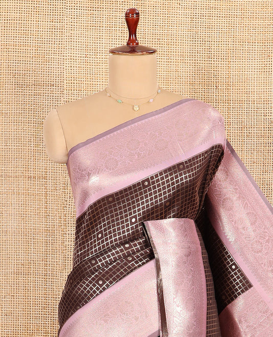 Coffee Brown and Pink Litchi Saree Elevated with Zari Polka Dot Enclosed Zari Checks, Complemented by a Contrast Border of Floral Creeper Designs, Mughal-Style Intricately Decked Up Pallu, and Paired with a Contrast Blouse