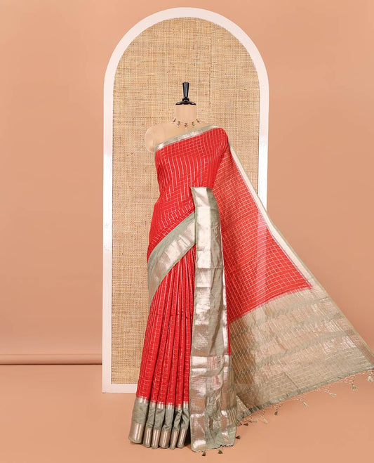 Red Assam Silk Saree, Decorated with Micro-Checked Zari Design All Over Its Body, Complemented by a Contrast Traditional Design Rettai Pettu Border, Zari Design Pallu, and Paired with a Contrast Blouse