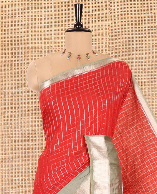 Red Assam Silk Saree, Decorated with Micro-Checked Zari Design All Over Its Body, Complemented by a Contrast Traditional Design Rettai Pettu Border, Zari Design Pallu, and Paired with a Contrast Blouse