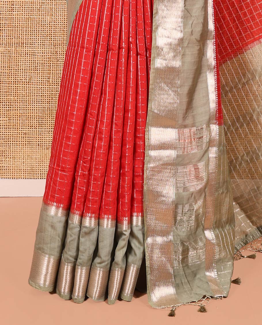 Red Assam Silk Saree, Decorated with Micro-Checked Zari Design All Over Its Body, Complemented by a Contrast Traditional Design Rettai Pettu Border, Zari Design Pallu, and Paired with a Contrast Blouse