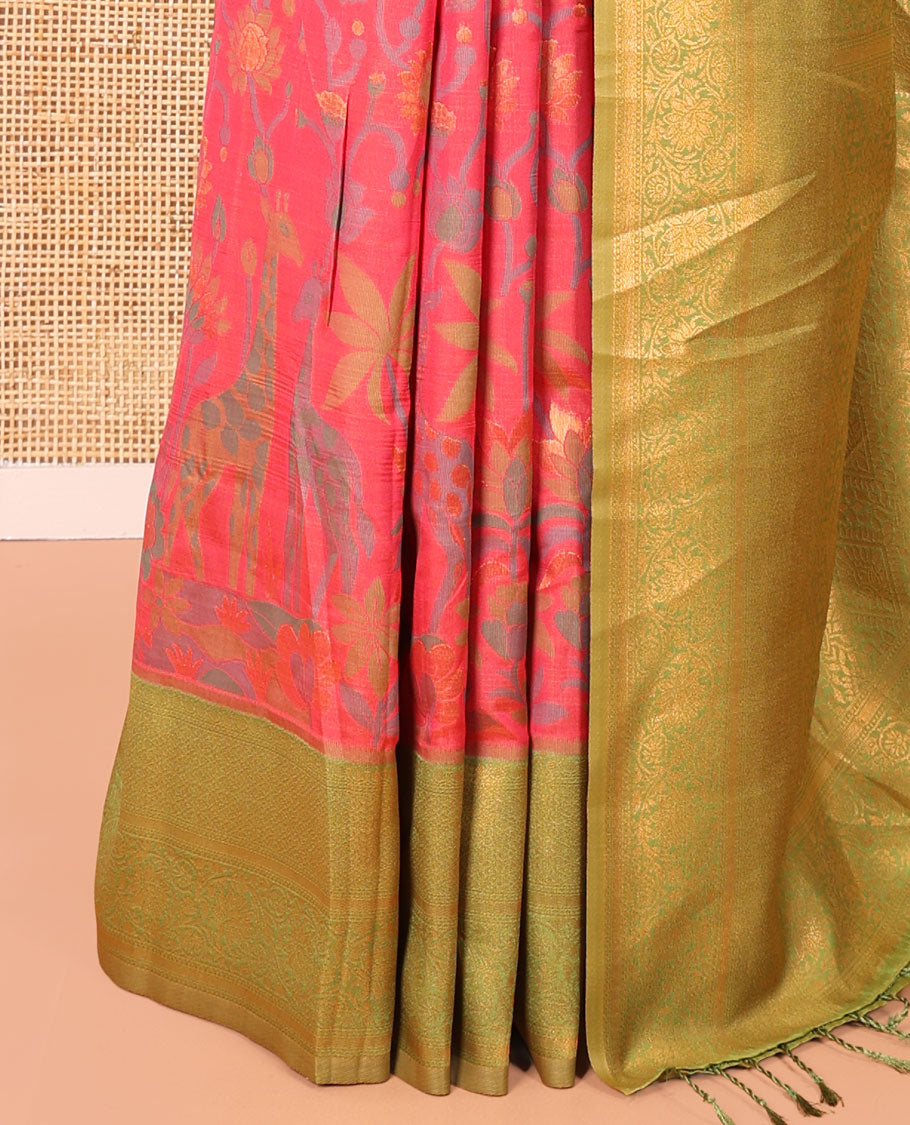 Pink Litchi Saree, Artfully Designed with Floral and Giraffe Designs in Resham Thread and Zari, Complemented by Contrast Floral Zari Border, Grand Jaal Design Pallu, and Paired with a Contrast Blouse