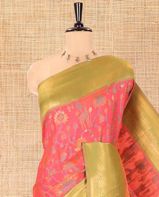 Pink Litchi Saree, Artfully Designed with Floral and Giraffe Designs in Resham Thread and Zari, Complemented by Contrast Floral Zari Border, Grand Jaal Design Pallu, and Paired with a Contrast Blouse