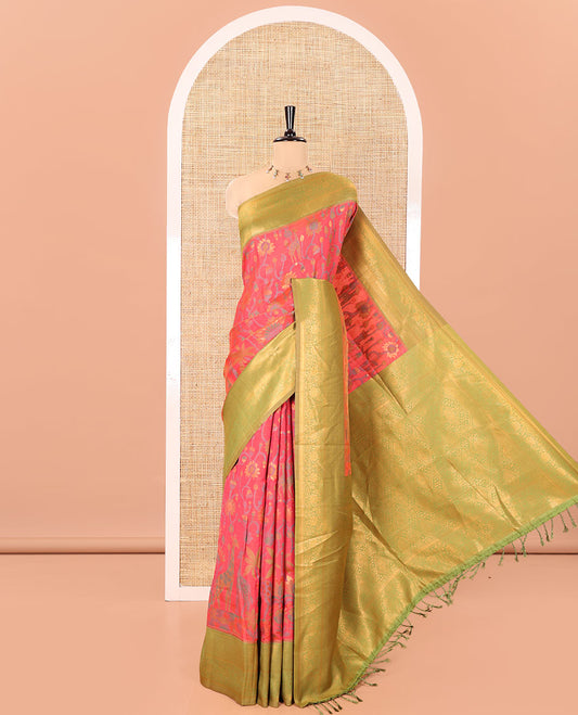 Pink Litchi Saree, Artfully Designed with Floral and Giraffe Designs in Resham Thread and Zari, Complemented by Contrast Floral Zari Border, Grand Jaal Design Pallu, and Paired with a Contrast Blouse