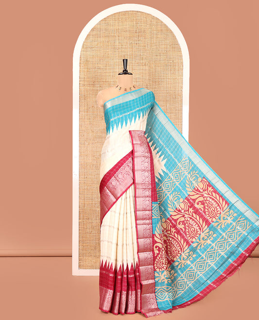 Off-White Fancy Georgette Saree, Woven with Zari Designs, Complemented by a Contrast Ganga-Jamuna Zari Temple Border of Traditional Designs, Pallu of Paisleys, and Paired with a Contrast Blouse