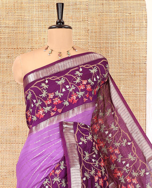 Lavender Assam Silk Saree Featuring Horizontal Zari Stripes, Contrast Floral Embroidered Border, Zari Striped Pallu, and a Contrast Blouse