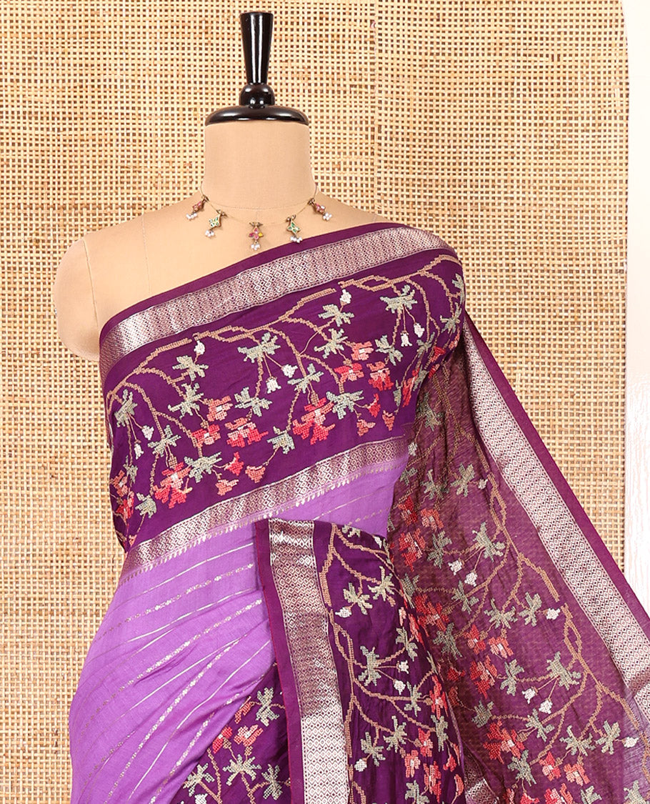 Lavender Assam Silk Saree Featuring Horizontal Zari Stripes, Contrast Floral Embroidered Border, Zari Striped Pallu, and a Contrast Blouse