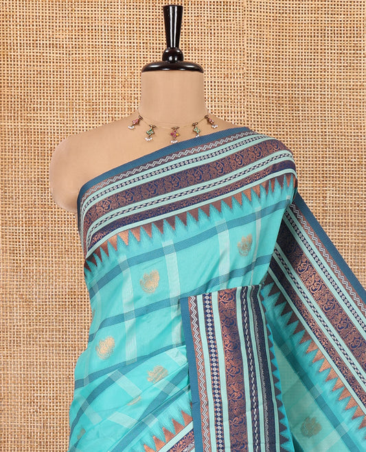 Rama Blue Litchi Chettinad Saree Features Zari Design, Contrast Traditional Border, Contrast Blouse