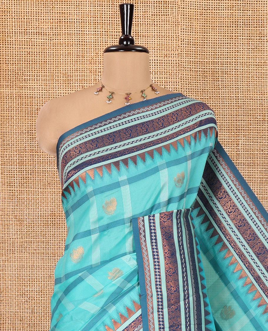 Rama Blue Litchi Chettinad Saree Features Zari Design, Contrast Traditional Border, Contrast Blouse