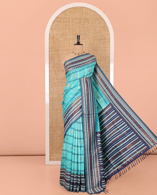 Rama Blue Litchi Chettinad Saree Features Zari Design, Contrast Traditional Border, Contrast Blouse