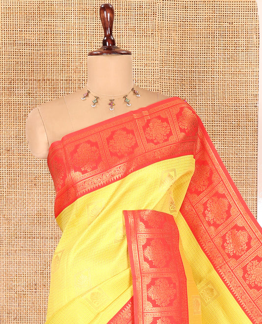 Yellow Litchi Saree with Zari Buttas and Zari Checks, Contrast Intricate Zari Border, Jaal Pallu, a Contrast Blouse