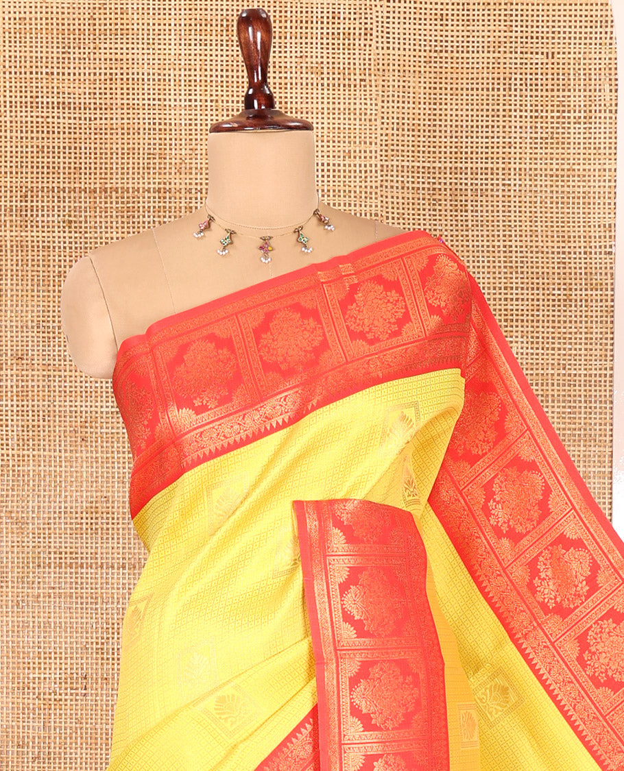 Yellow Litchi Saree, Embellished with Zari Buttas and Zari Checks, Complemented by a Contrast Intricate Zari Border, Jaal Pallu, a Contrast Blouse