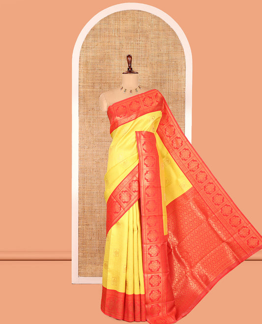 Yellow Litchi Saree with Zari Buttas and Zari Checks, Contrast Intricate Zari Border, Jaal Pallu, a Contrast Blouse