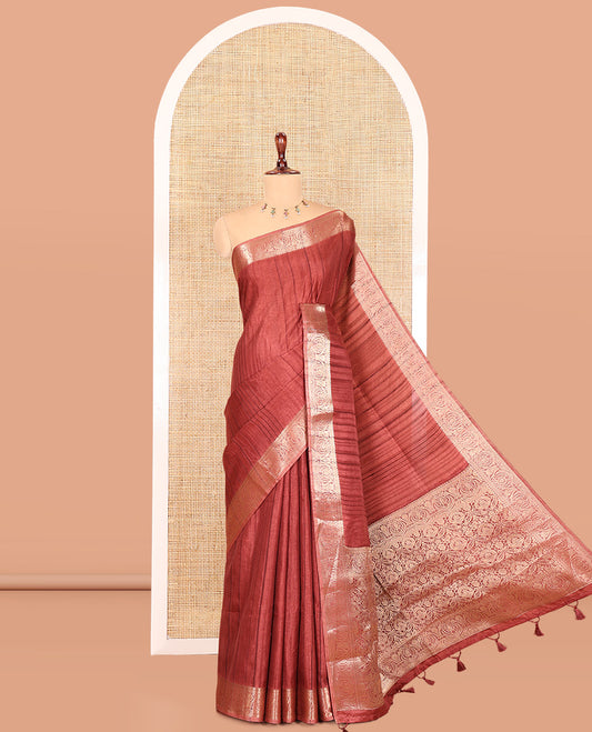 Brown Fancy Tussar Saree, Intricate Border, Grand Pallu, a Contrast Printed Blouse, Matching Brocade Blouse