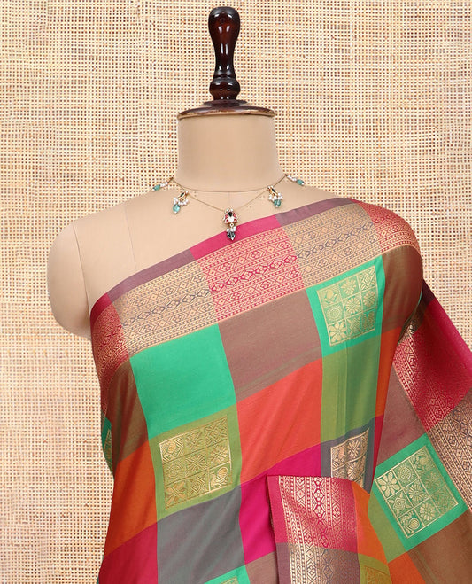 Multi-Color Palum Pazhamum Checked Fancy Soft Silk Saree, Elevated with Zari Buttas, a Zari Border, Rich Pallu, a Matching Blouse