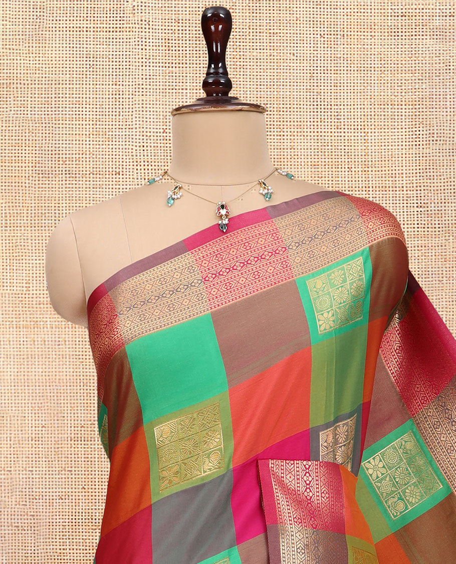 Multi-Color Palum Pazhamum Checked Fancy Soft Silk Saree, Elevated with Zari Buttas, a Zari Border, Rich Pallu, a Matching Blouse