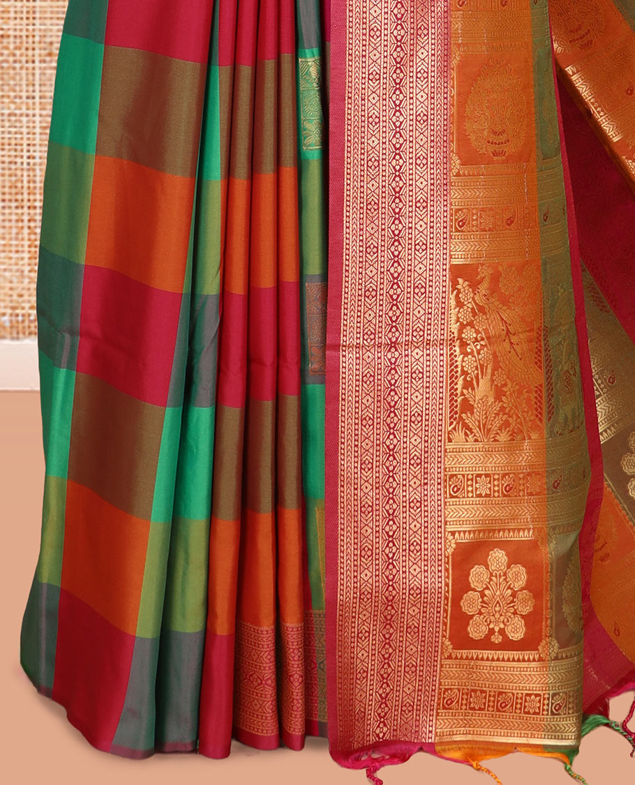 Multi-Color Palum Pazhamum Checked Fancy Soft Silk Saree, Elevated with Zari Buttas, a Zari Border, Rich Pallu, a Matching Blouse