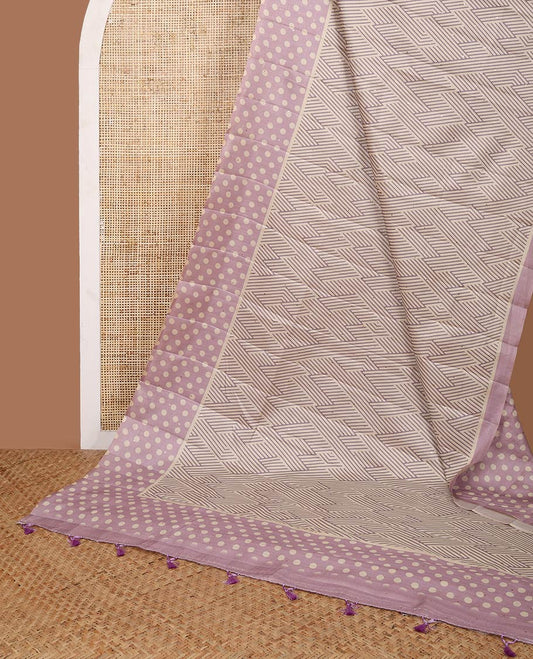 Lavender geometrical print, zari butta fancy tussar saree with polka dot border & polka dot pallu along with polka dot blouse