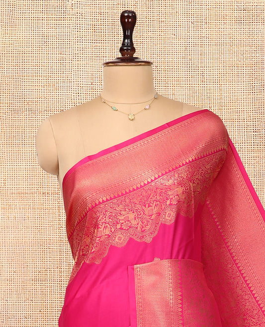 Rani Pink Zari Buttas Soft Silk Saree, Animal Motif Zari Border, Grand Pallu, Matching Blouse