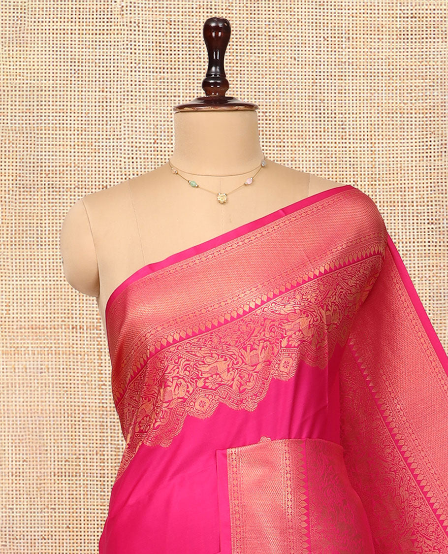 Rani Pink Zari Buttas Soft Silk Saree, Animal Motif Zari Border, Grand Pallu, Matching Blouse